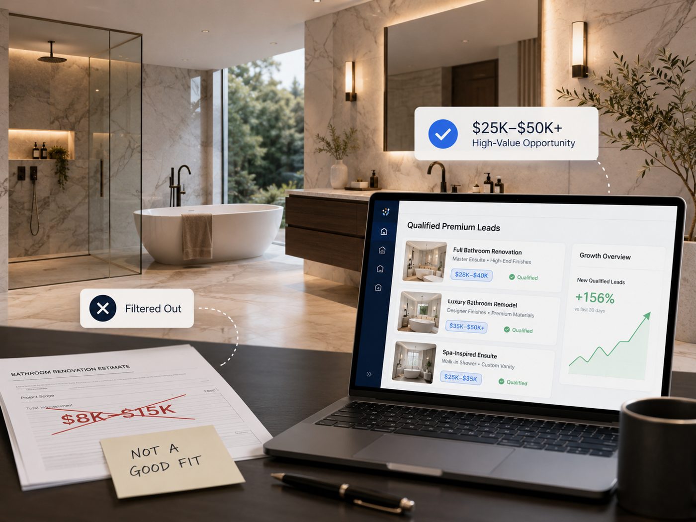 A luxury bathroom beside a laptop showing qualified leads, with a price shopper's note marked 'not a good fit'